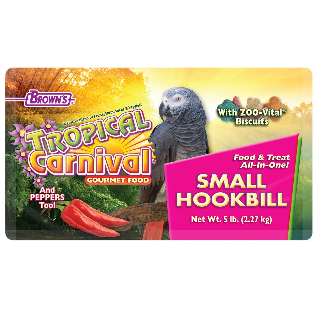 F.M. Brown's Tropical Carnival Gourmet Bird Food for Parrots, African Greys, and Conures Under 13", Probiotics for Digestive Health, Vitamin-Nutrient Fortified Daily Diet - 5 lb.
