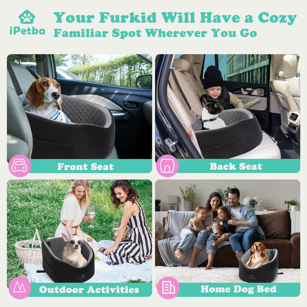 iPetba Dog Car Seat for Small & Medium Dogs - Crash-Protective, Non-Slip, Protects Car Interior, Detachable & Washable