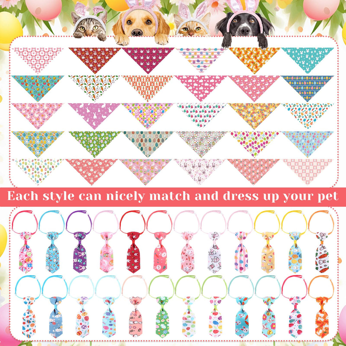 Reginary 108 Pcs Easter Dog Bandanas Bulk Neck Ties Set Pet Triangle Scarf Bibs Adjustable Washable Kerchief Bibs Dog Tie Costume Accessories for Medium Small Pet Holiday Birthday Gift Favor