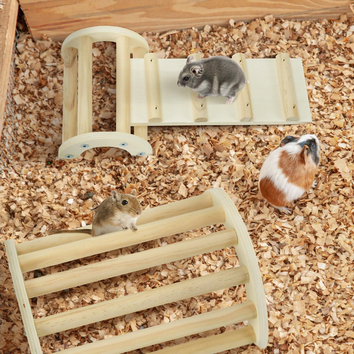 CooShou Chicken Perch Roosting Bar Jungle Gym Wooden Arch Bridge Platform Stand Ladder 3in1 Climbing Ramp Toys for Chick Hamsters Gerbils Mice Rodent and Small Animals