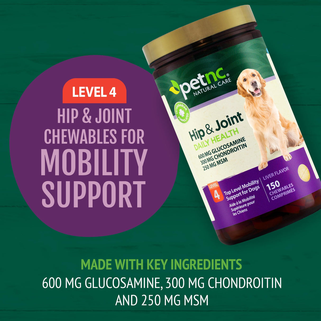 Petnc Level-4 Hip & Joint Health Supplement for Dogs (150 Count), Glucosamine Chondroitin MSM Dog Chews with Manganese, Liver-Flavored Bone & Joint Support Supplement