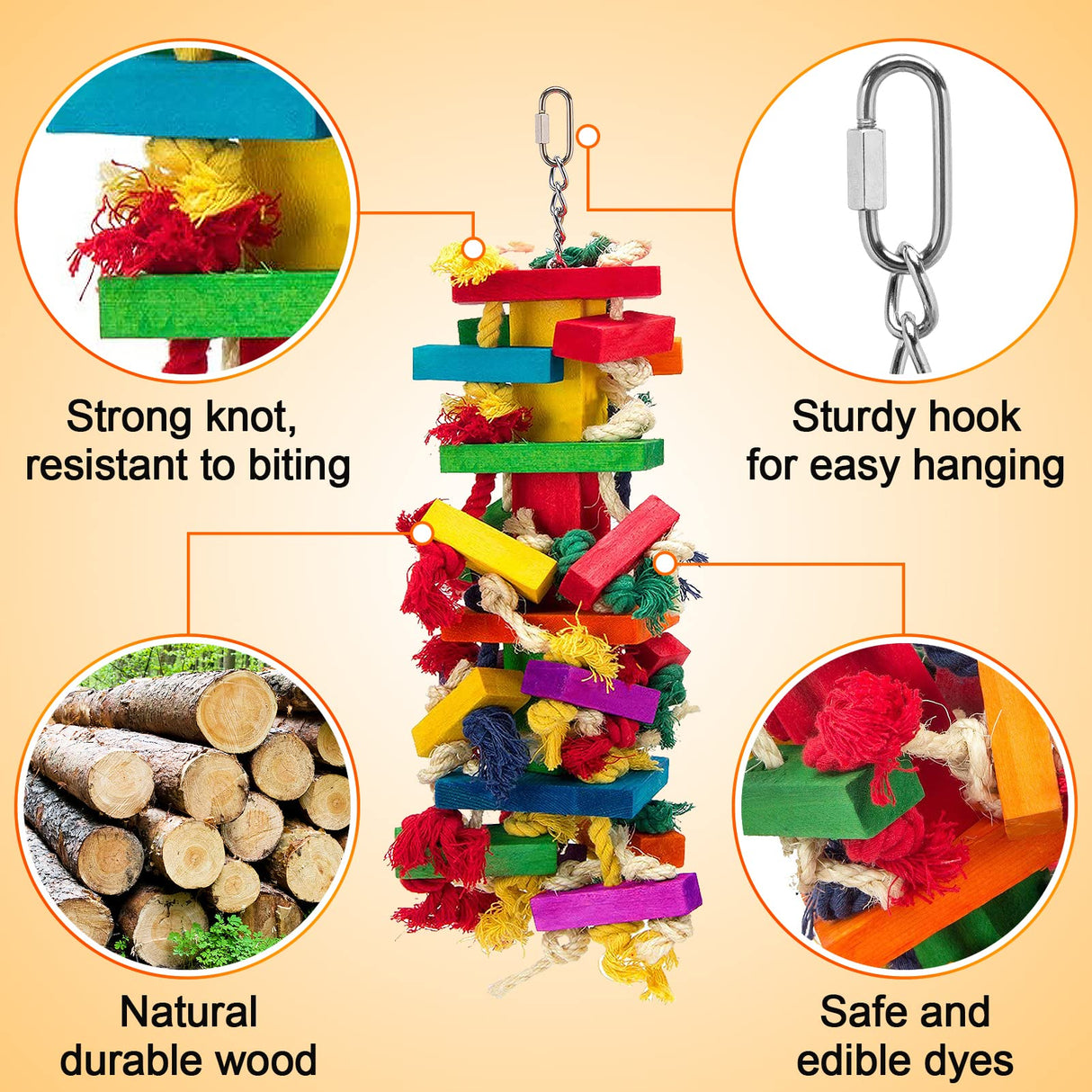 Extra Large Natural Wood Bird Toys for Macaws, African Grey, Amazon Parrots Gifts