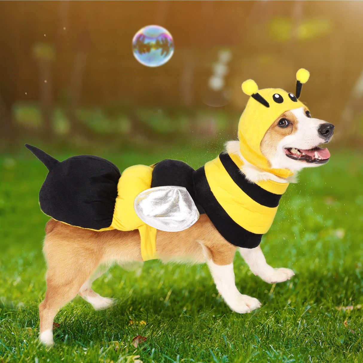 Spooktacular Creations Pet Dog Bee Costume with 3D Bee Hat, Silver Wings for Halloween Dress-up Party, Role Play, Carnival Cosplay, Holiday Decorations Clothes (X-Large)