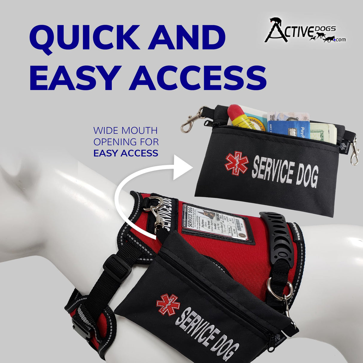 ActiveDogs Service Dog Bag with Zipper - 7" x 5" Clip-On Pouch with Embroidered Red Medical Alert Symbol for Easy Identification & Storage - Service Dog Accessory for Harness, Vest & More