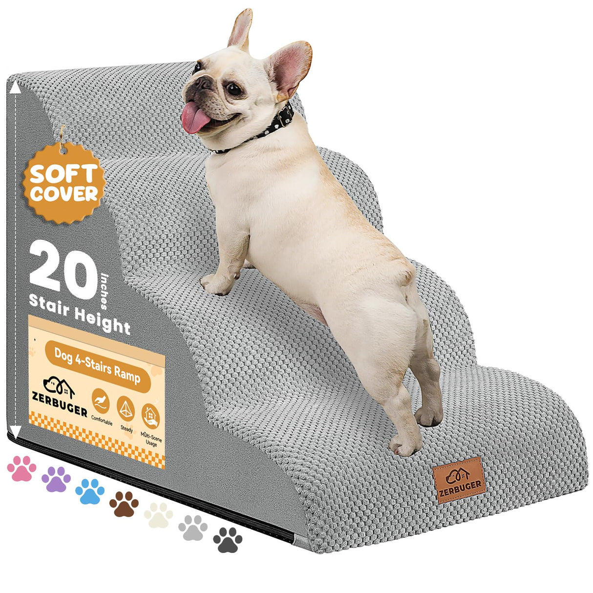 Zerbuger Dog Ramp and Stair for Bed 16" H-20 H,3-Step Cat Stair for Sofa and Chair,4-Step Dog Ramp for High Bed and Window,Durable Nonslip Fabric Cover for Indoor (Light Grey-20 H, Pet Friendly, 4)