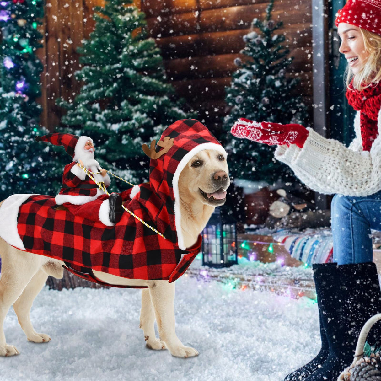 CooShou Dog Christmas Costume Running Santa Claus Riding on Pet Christmas Winter Plaid Hoodie Coat for Dog Cat Christmas Holiday Outfit Pet Xmas Dog Clothes S