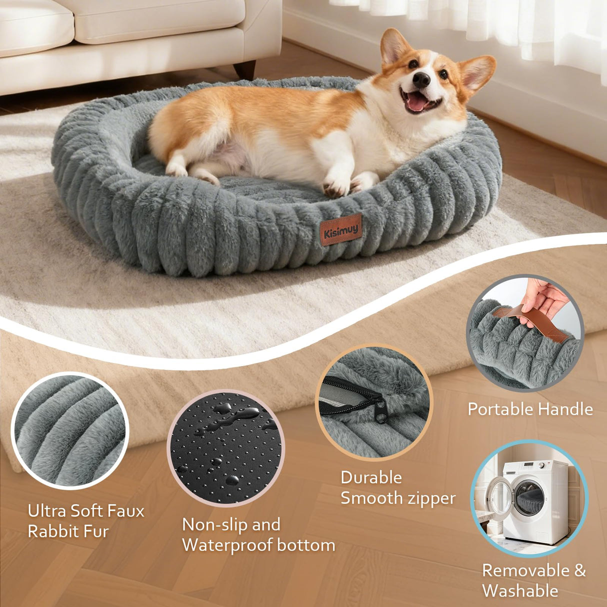 KISIMUY Cute Dog Bed for Small & Medium Dogs - Calming Orthopedic Rectangle Dog Bed with Reversible Cushion and Removable Cover, Washable Soft Pet Kennel Bed with Handle, 30x24x4Inches, Warm Grey