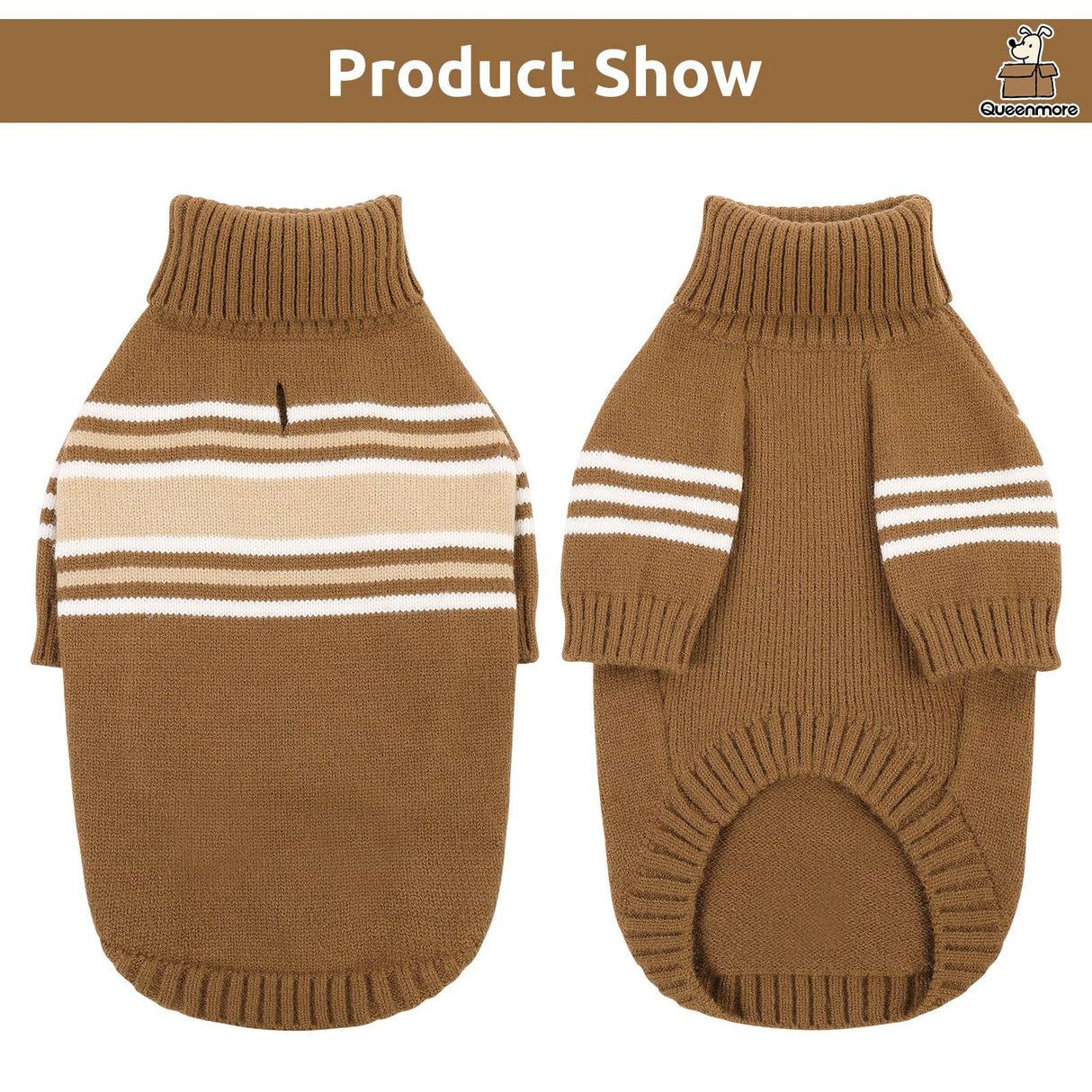 Queenmore Dog Striped Knitted Sweater, Turtleneck Pullover Pet Coat, Dog Winter Clothes with Leash Hole for Small Medium &Large Dogs(Navy Blue,S)