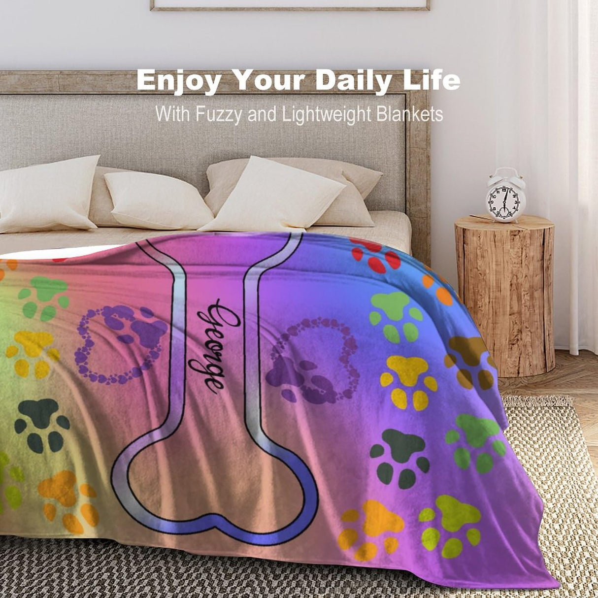 Personalized Paw Print Dog Blanket With Pets Name, Custom Pet Name Blanket for Small Dogs, Flannel Puppy Blanket, Dog Memorial Gifts for Loss of Dog, Pet Loss Sympathy Remembrance Gifts