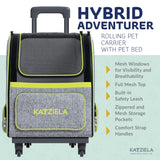 Katziela Wheeled Pet Carrier Backpack - Soft Sided, Airline Approved Hiking Carrying Bag for Small Dogs and Cats – Removable Rolling Wheels – Mesh Ventilation Windows, Storage Pockets (Green/Gray)