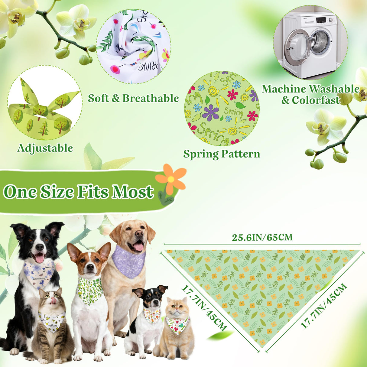 Cresue 200 Pcs Spring Dog Bandanas Bulk Floral Pet Scarves Fresh Adjustable Bibs for X-M-L Dogs Washable Seasonal Puppy Kerchief for Groomers Shelters