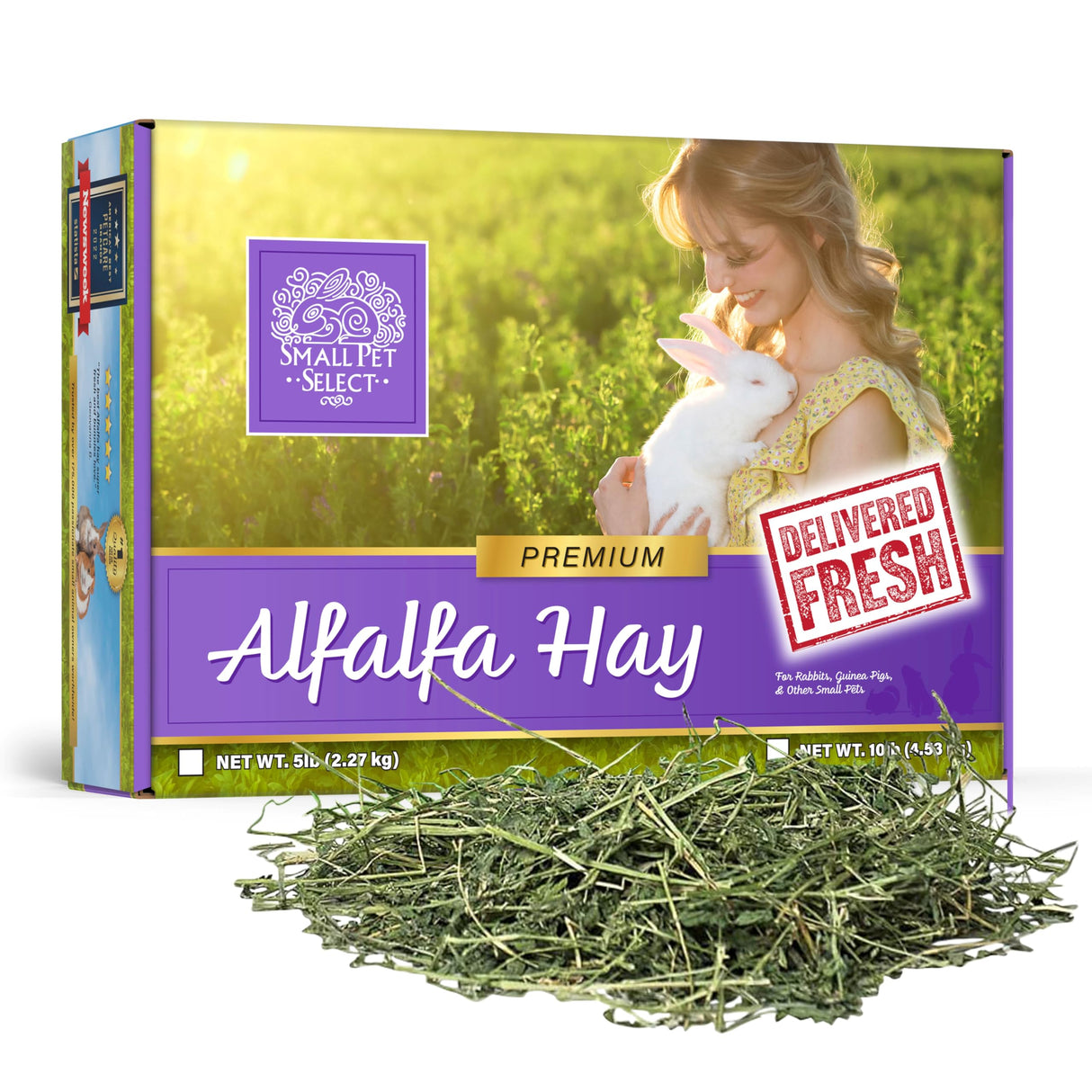 Small Pet Select Alfalfa Hay Pet Food for Young Rabbits, Guinea Pigs, Chinchillas, Tortoises and Other Small Animals, Easy to Store Box, 5 LB