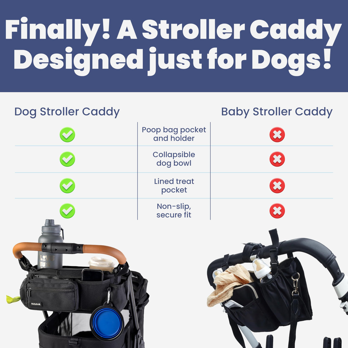 rubyloo Dog Stroller Caddy Organizer with Poop Bag Dispenser, Treat Pocket, Water Bowl – Dog Stroller Accessories with Insulated Cup Holders, Pet Storage & Non-Slip Fit for 14"-19" Wide Handlebars