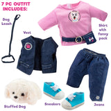 7pc Dog Walker Outfit w Pet Puppy- 18" Doll Clothes & Accessories Compatible w American Girl Dolls- Set Includes T-Shirt, Vest, Pants, Belt, Shoes, Dog Plush & Leash- Perfect Easter Basket Stuffer
