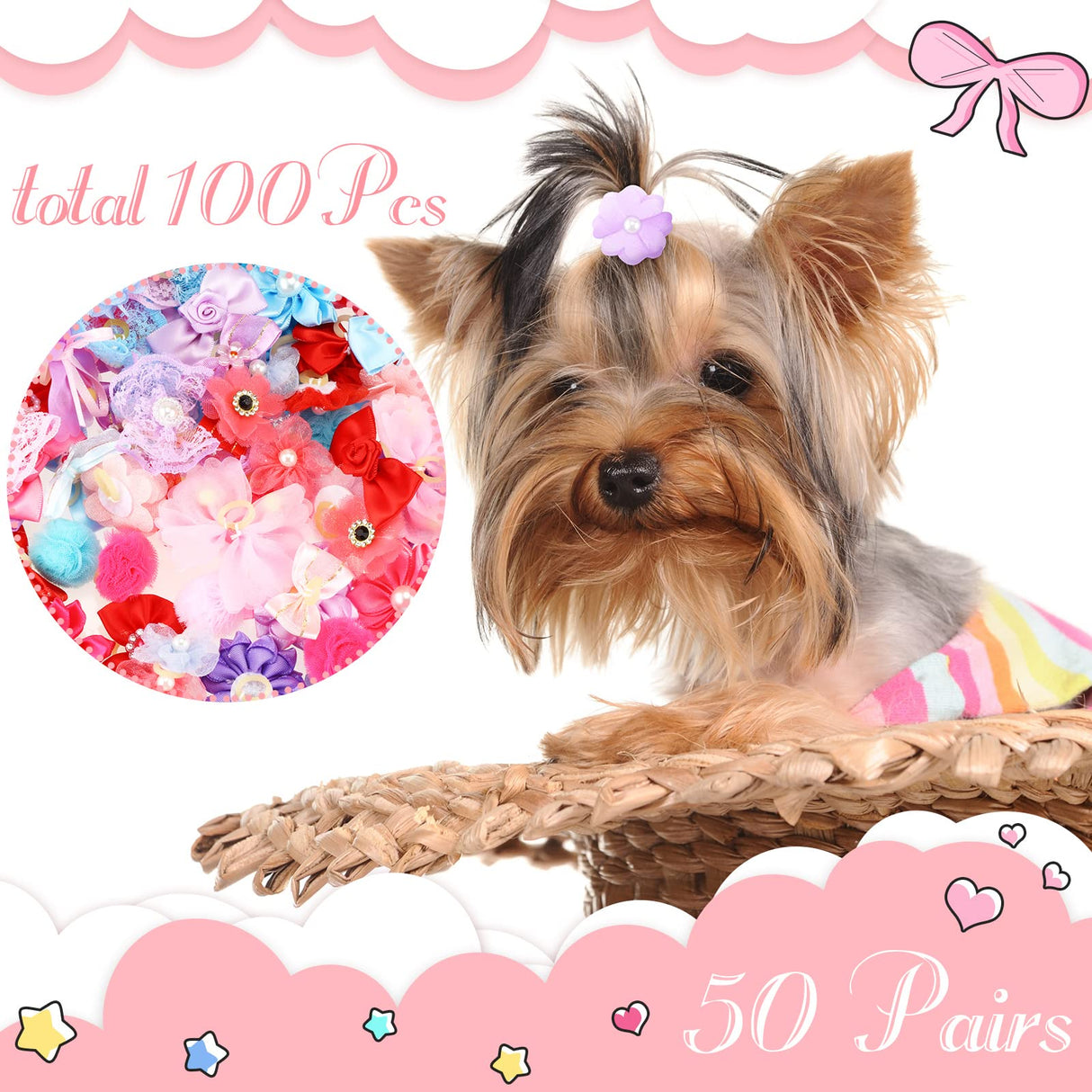 Jexine 100 Pcs/ 50 Pairs Dog Hair Bows with Rubber Bands Puppy Hair Bows Grooming Accessories Multicolor Small Pet Handmade Bowknot for Puppy Pet Girl Female Accessories