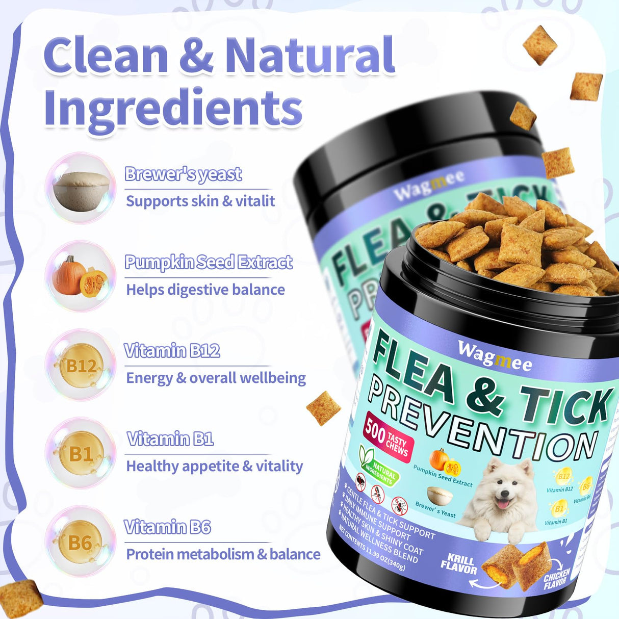 Flea and Tick Prevention for Dogs Chewables – 500 Crunchy & Creamy Tasty Chews, Natural Dog Flea and Tick Treatment Chewable, Oral Flea Chews Supplement for Dogs Puppies, All Breeds & Ages, Chicken