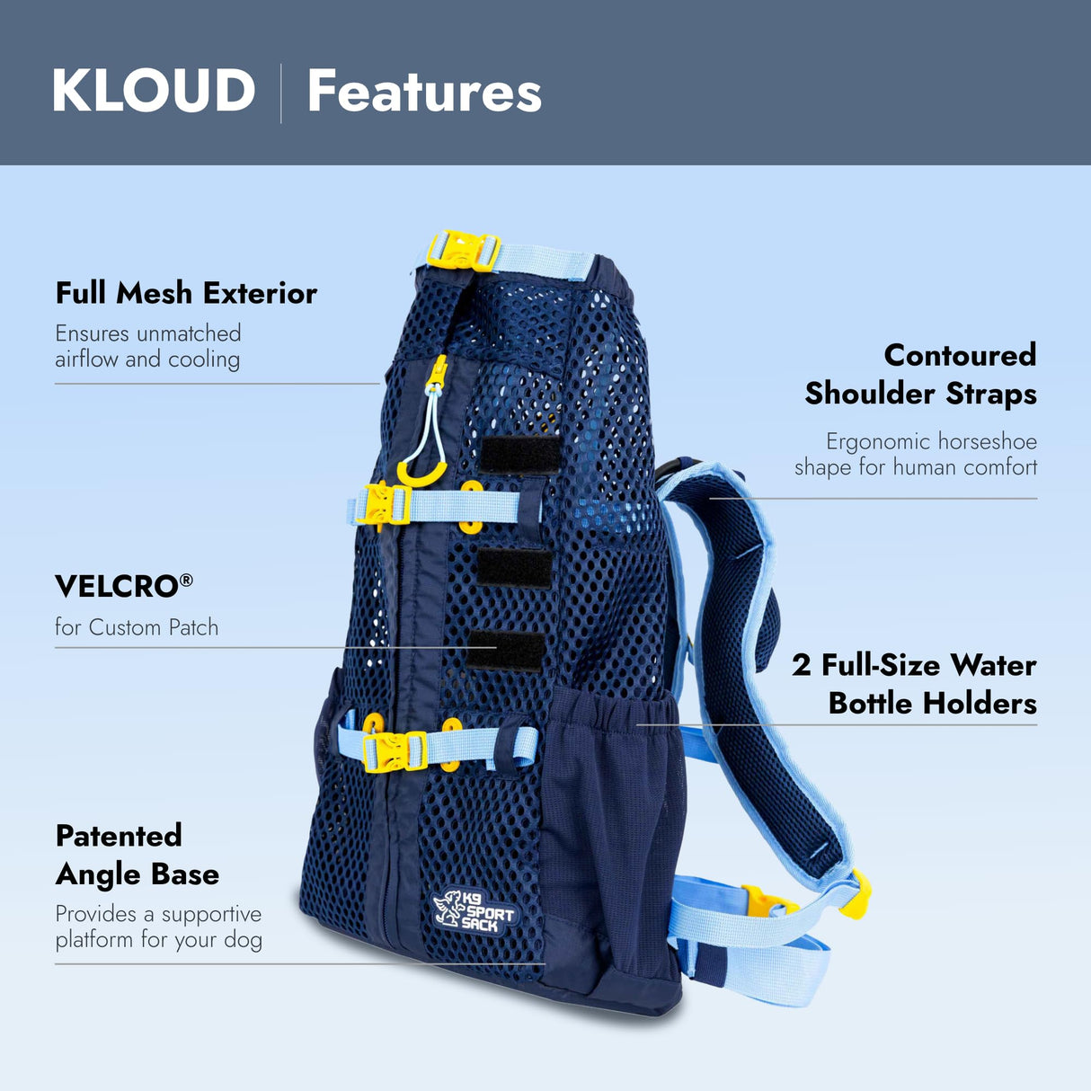 K9 Sport Sack Kloud - Medium, Blue - Ideal for Dogs with 17-19” Back Length - Ultra-Light Mesh Backpack Carrier with Inflatable Frame
