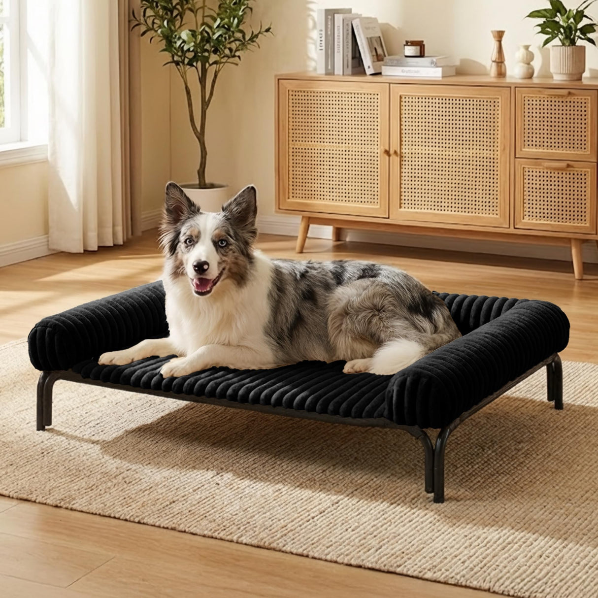 Elevated Dog Bed with Removable Fluffy Pillow Cushion, Raised Pet Cot Washable Bolster, Dog Couch Sofa, Anti Slip Feet, Matte Black, 36"×26"