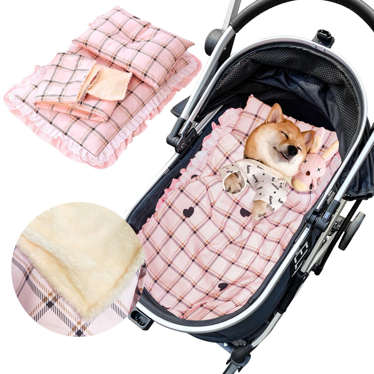 Lukhmelf Pet Stroller Pad, Anti-Slip Bottom, Removable & Washable Dog Pillow & Quilt Set (Pink)