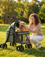 GTPLAYER Foldable Pet Stroller for Small Dogs and Cats, Holds Up to 33 lb, 4-Wheel Stroller with 2 Safety Tethers, Breathable Mesh, Lockable Front Wheels, Cup Holder/Tray & Storage Pocket, Green