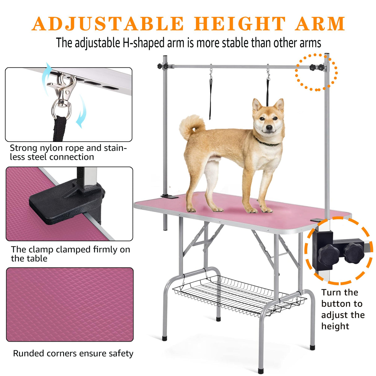 Professional Dog Pet Grooming Table Adjustable Heavy Duty Portable w/Arm & Noose & Mesh Tray (Pink, 42")