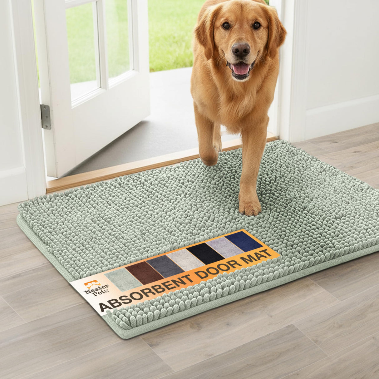 Neater Pets Muddy Paws Dog Door Mat 24” x 17” – Super Absorbent & Quick-Dry Chenille Doormat for Trapping Dirt, Water, Mud - Non-Slip & Machine Washable Pet Rugs for Entryway, Indoor Mud Mats, Green