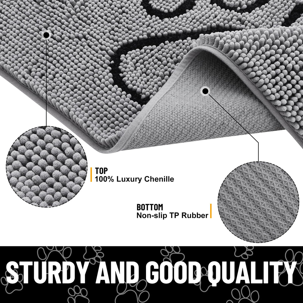 Smiry Dog Door Mat for Muddy Paws, Absorbent Dirt Trapper Non Slip Quick Dry Washable Chenille Mat for Mud Dogs, Entry Rug for Indoor and Outdoor (48x30 Inches, Grey and Black)
