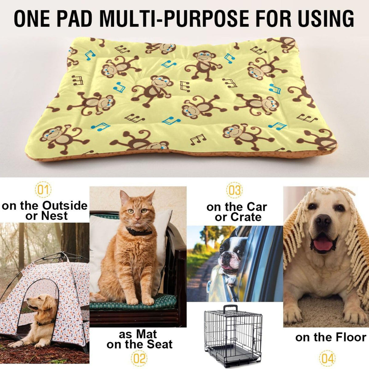 Sletend Dancing Monkey Music Notes Pet Bed Cute Dog Bed Mat Absorbing Non Slip Pad Pet Sleeping Mat for Small, Medium, and Large Dogs Puppy Cat 24 in x 18 in