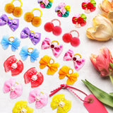 Mruq pet 100pcs Dog Hair Bows, Bulk Cute Puppy Pet Small Dog Hair Bows with Rubber Bands, Mix Handmade Flower Puff Ball Rhinestone Pearls Dog Bows, Yorkie Dog Bows for Dog Hair Grooming Accessories