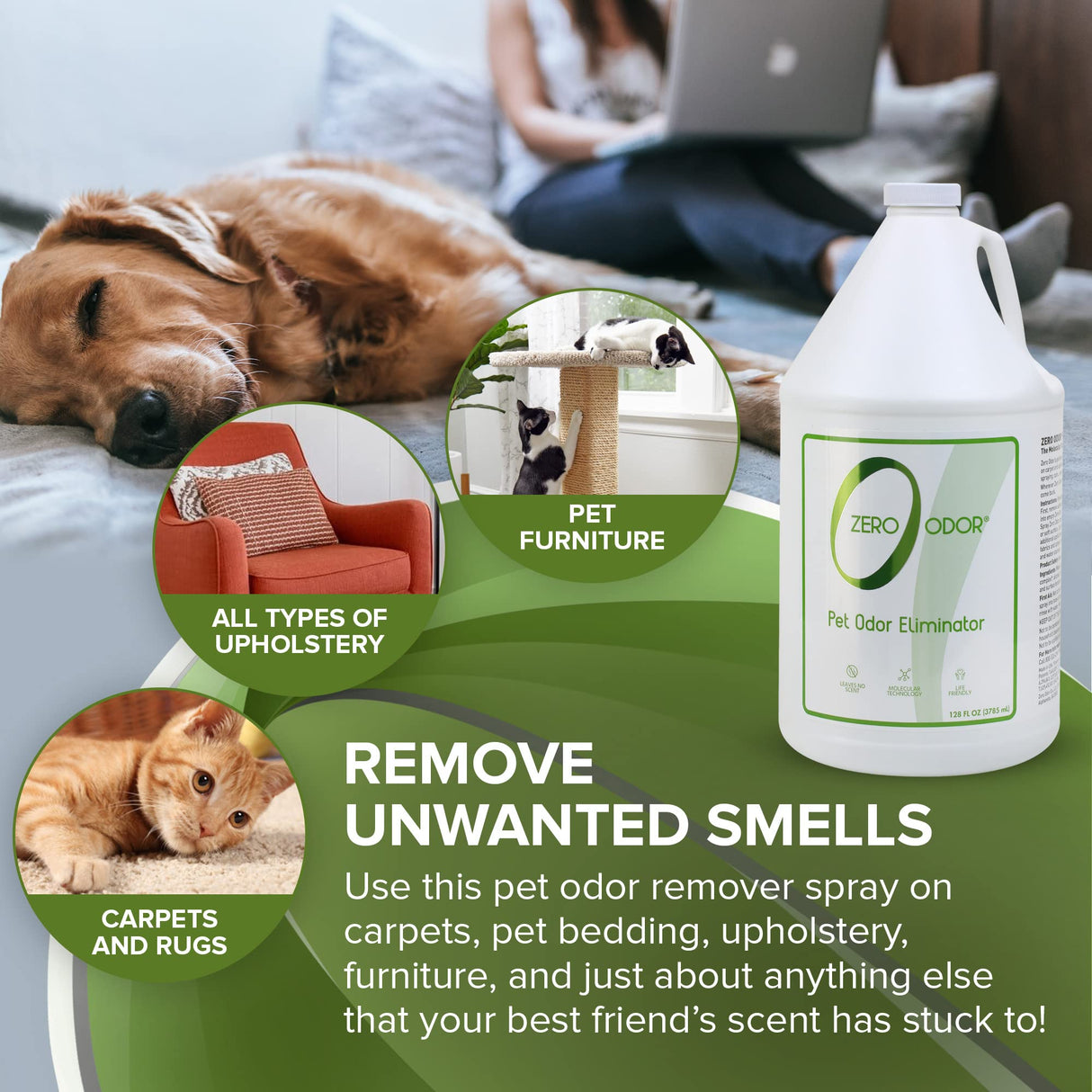 Zero Odor - Pet Odor Eliminator for strong odor, Eliminate Air & Surface Odors – Patented Molecular Technology Best For Carpet, Furniture, Beds Smell Great Again (128 Ounces)