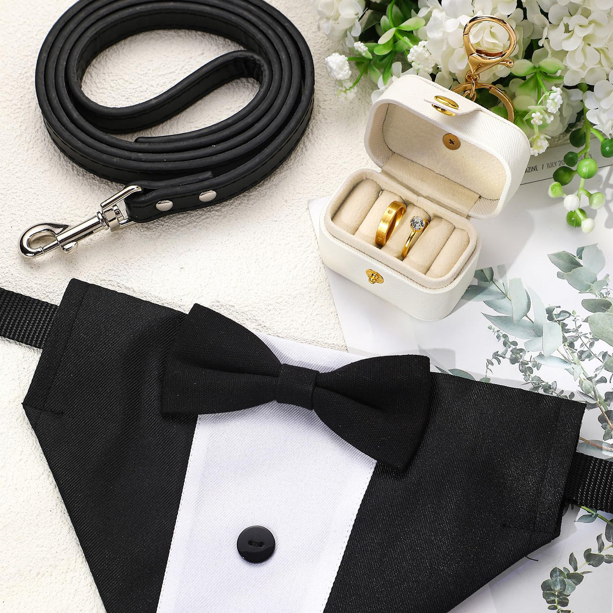 Locmeo 3 Pcs Dog Wedding Collar Outfit Include Dog Tuxedo Attire Wedding Ring Bearer Ring Holder Pouch Box Adjustable Pet Neck Bow Tie with Leash