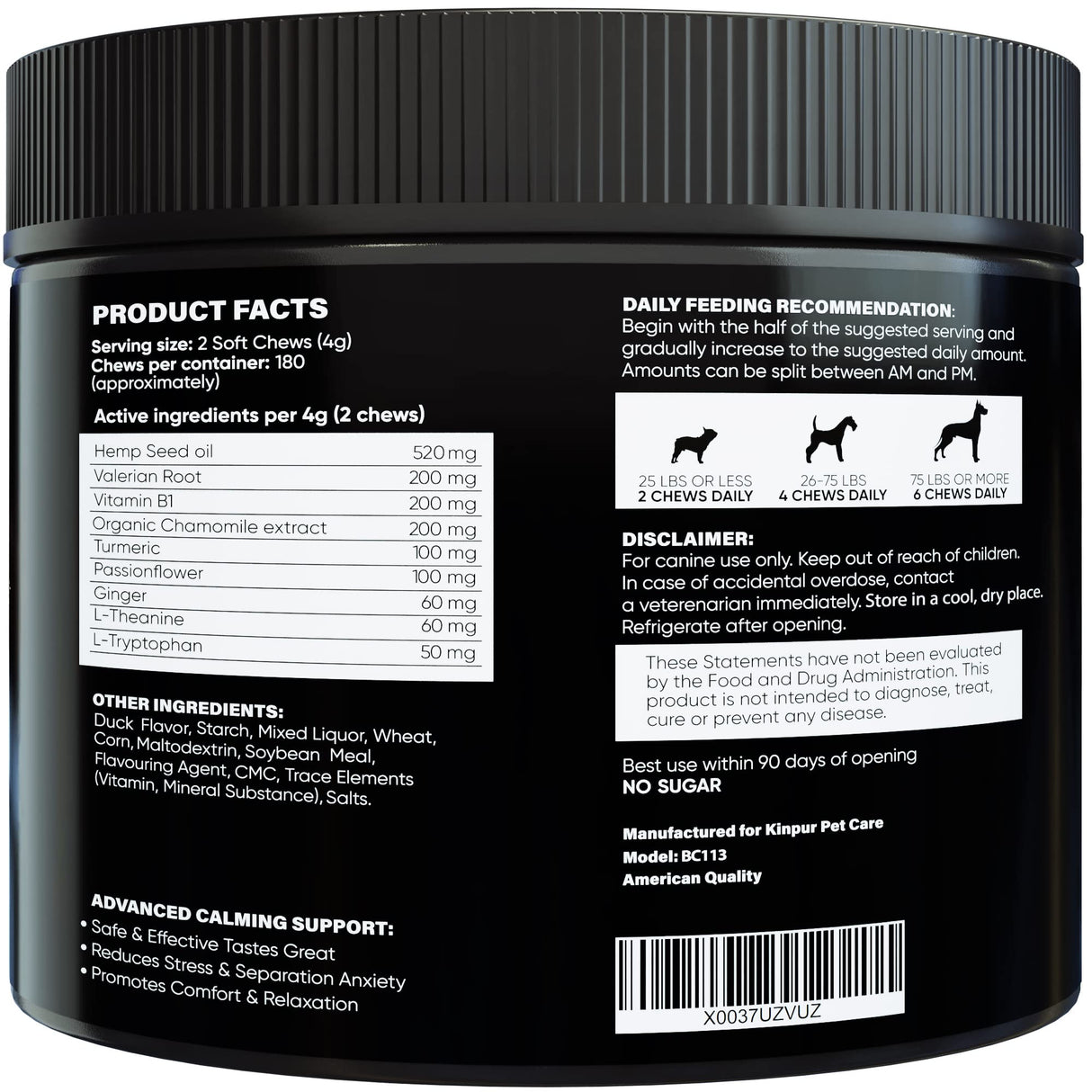 Calming Chews for Dogs with Hemp Oil - Dog Calming Treats with Duck Flavour - Aid During Thunderstorms, Fireworks, Separation, Car Rides - Hemp Dog Treats for Calming Support - 180 Chews