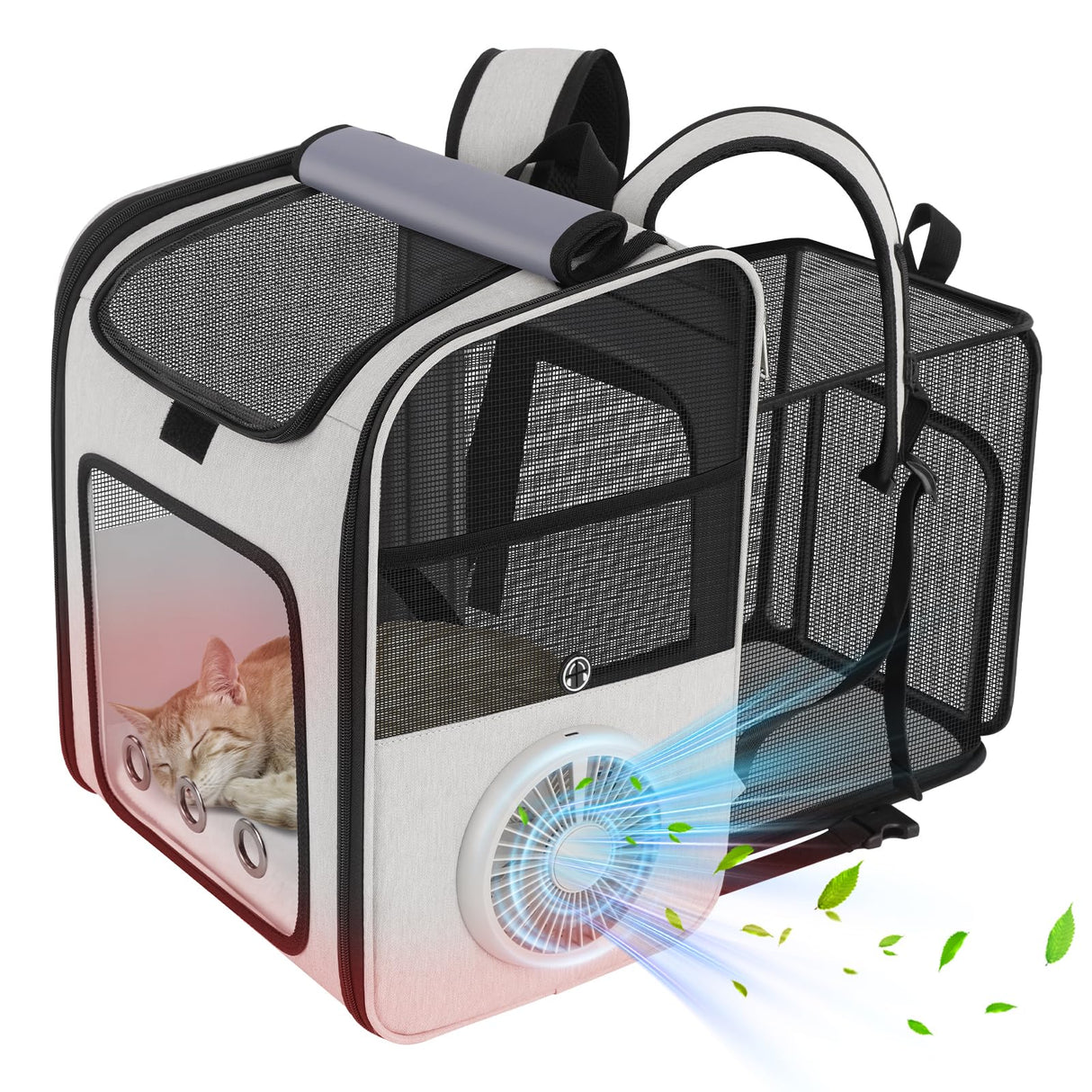 TTPet Pet Backpack Carrier with Built-in Cooling Fan & Heating Pad, Expandable Cat Carrier Backpack for Cats and Small Dogs, Ventilated Travel Backpack Carrier for Hiking/Outdoor/Vet Visits, Grey