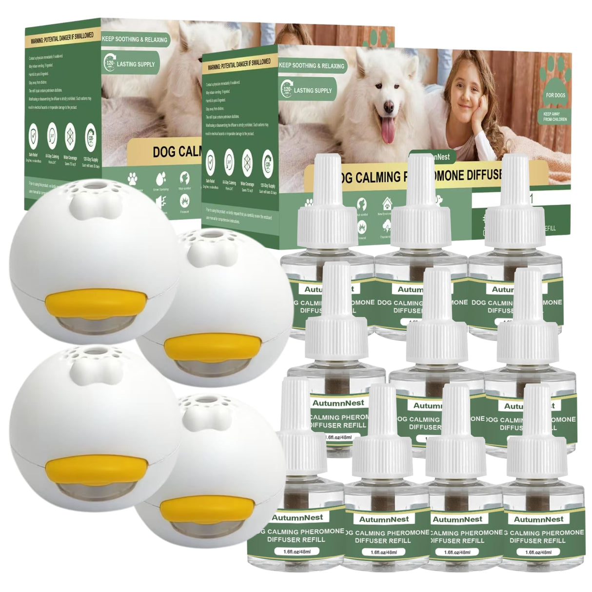 14 IN 1 Dog Calming Diffuser Kit with Night Light | 4 Plug-in Diffusers + 10 Refills (48ml Each) | New Formula Pheromone for Dogs | Anxiety Relief, Stop Barking, Reduce Stress | 300 Days Supply