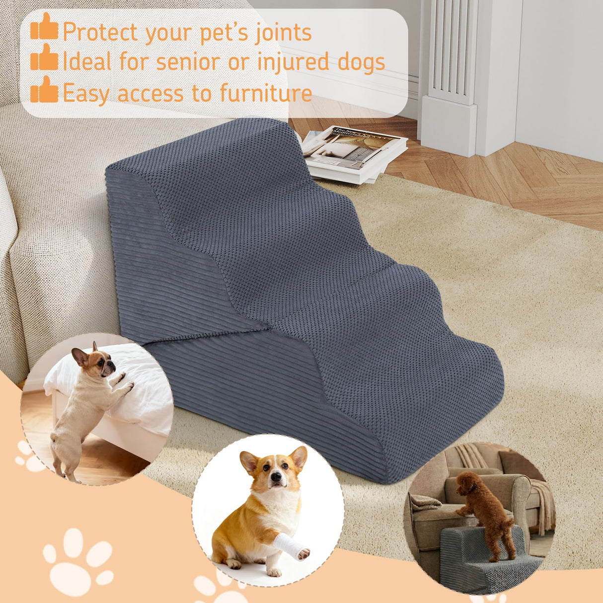 PRIMEPATIO Dog Ramp for Bed, 20" H Dog Stairs for High Bed, 2 in 1 Pet Steps for Small Dogs, 4-Step Foldable Transformable Large Cats Ramp to Get on Couch, Non-Slip Balanced, Grey
