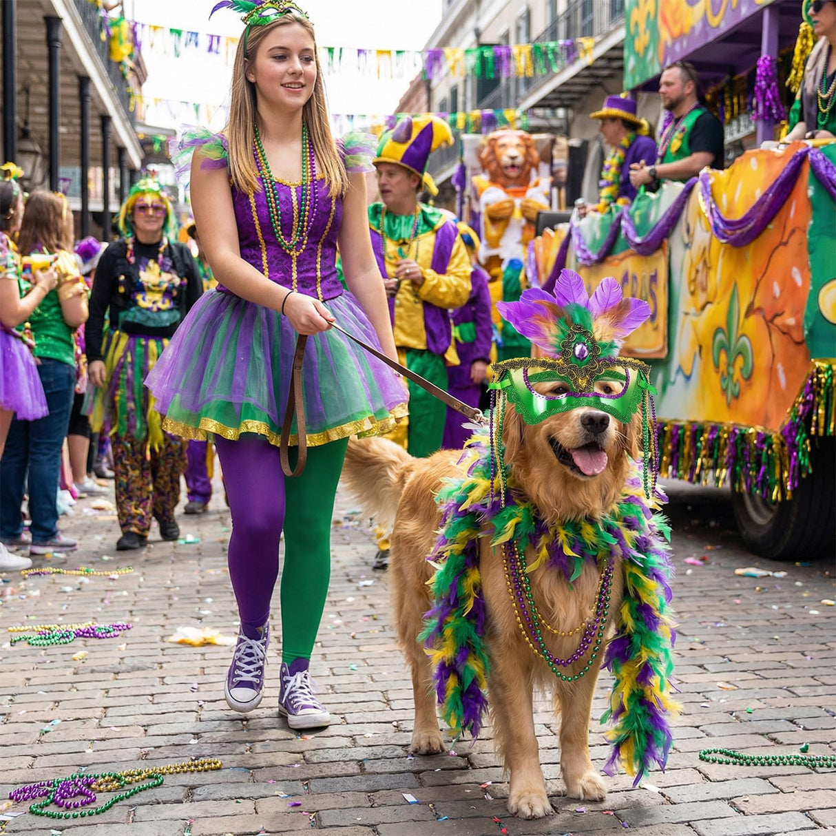 LEIFIDE 5 Pcs Mardi Gras Dog Costume Mardi Gras Pet Mask with Collar Carnival Masquerade Pet Accessories Set Golden Green Purple Puppy Dress up Feather Boa for Medium Large Dogs Outfit Decor