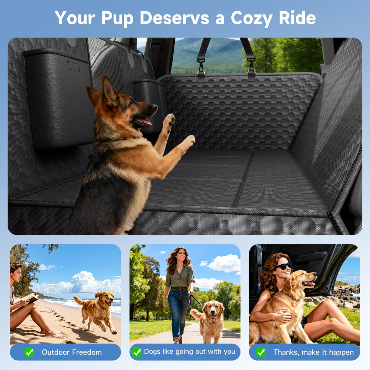 REDASW Dog Car Seat Cover for Back Seat Waterproof Oxford Fabric, Hard Bottom Back Seat Extender for Dogs Scratchproof, Dog Hammock for Car with Mesh Window, Fit Most Cars Small Trucks, Black