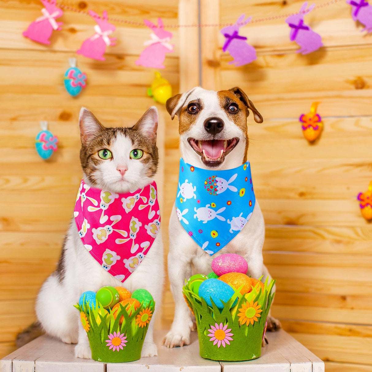 SilTriangle 100 Pcs Easter Dog Bandanas Bulk Colorful Easter Egg Bunny Carrot Dog Scarf Puppy Bibs Spring Cat Kerchief Holiday Bandanas for Small to Medium Pet