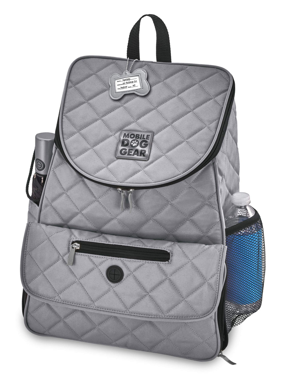 Mobile Dog Gear, Dog Travel Bag, Deluxe Quilted Weekender Backpack, Includes Lined Food Carriers and 2 Collapsible Dog Bowl, Gray