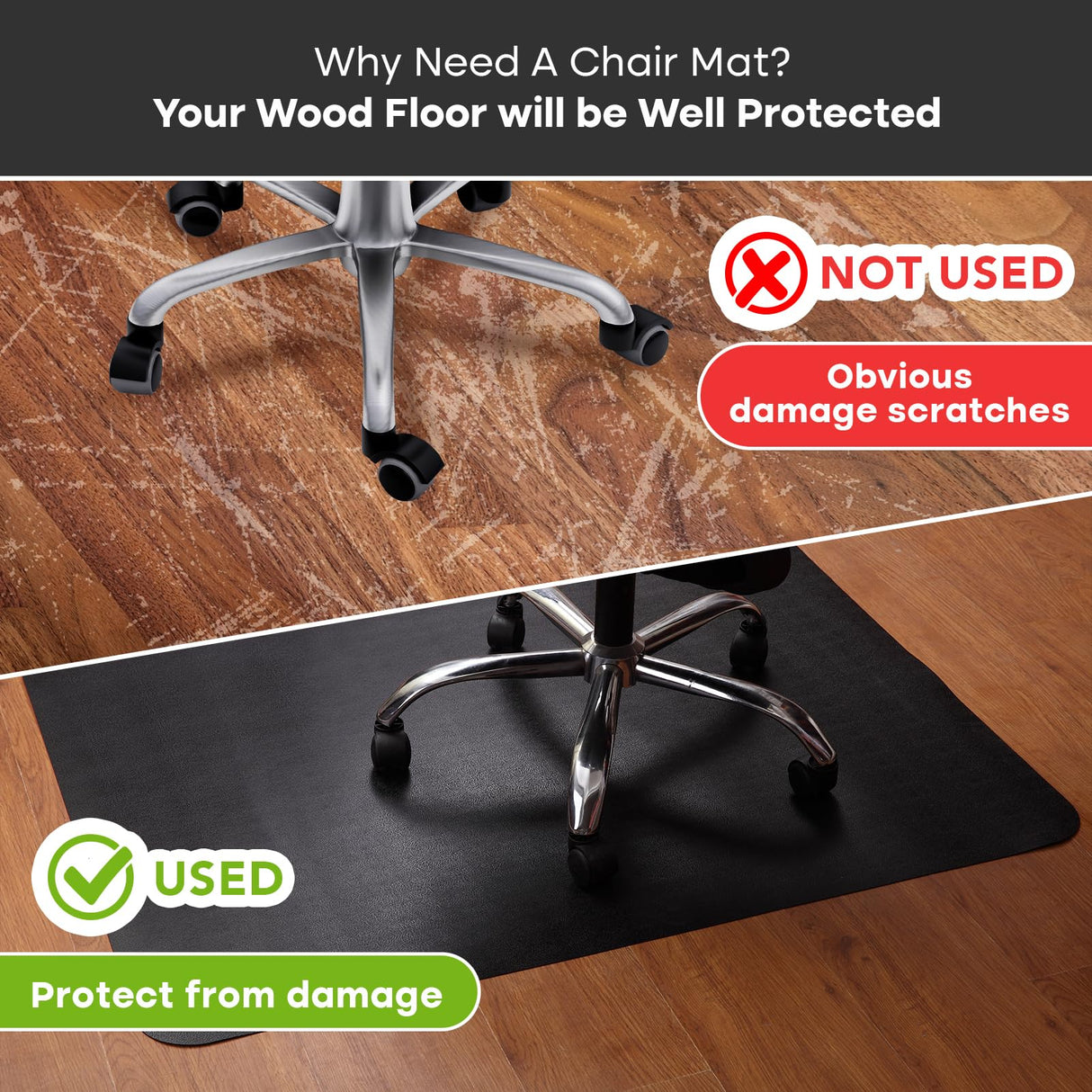 Office Chair Mat for Hardwood Floor: 63" x 51" Extra Large Black Office Chair Mats, Anti-Slip Rubber Floor Mat for Gaming Rolling Chair, Heavy Duty Sturdy Floor Protector Mat Under L Computer Desk