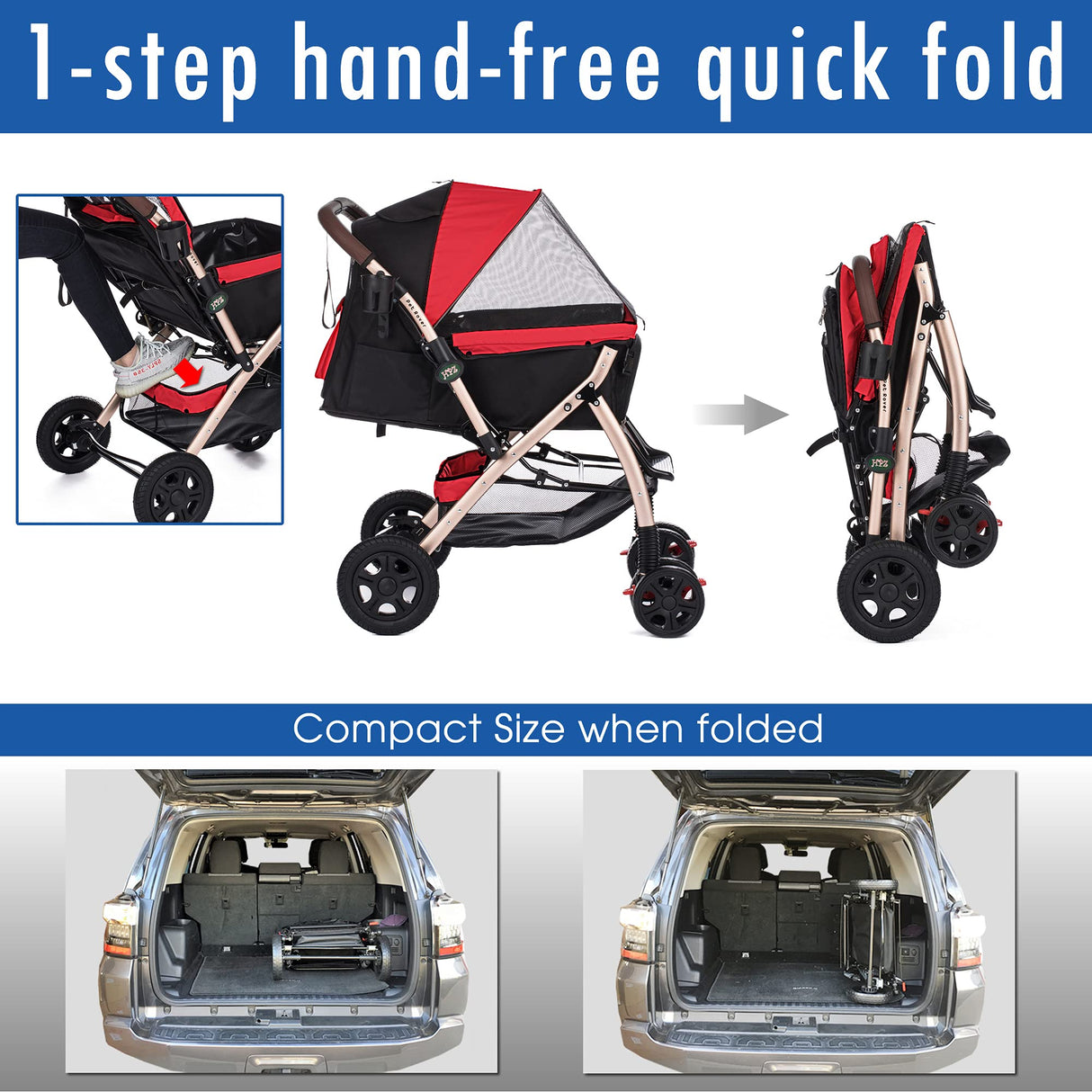 HPZ Pet Rover XL Extra-Long Premium Heavy Duty Dog/Cat/Pet Stroller Travel Carriage with Convertible Compartment/Zipperless Entry/Pump-Free Rubber Tires for Small, Medium, Large Pets (Red 2nd-Gen)
