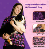 Ladybird Line 725 Pink and Purple Paw Print Waterproof Dog Grooming Smock, Hair and Bleach Resistant with Covered Zipper Panel, Solid Black Back, and Back Tie Belt - Ideal for Pet Groomers - L