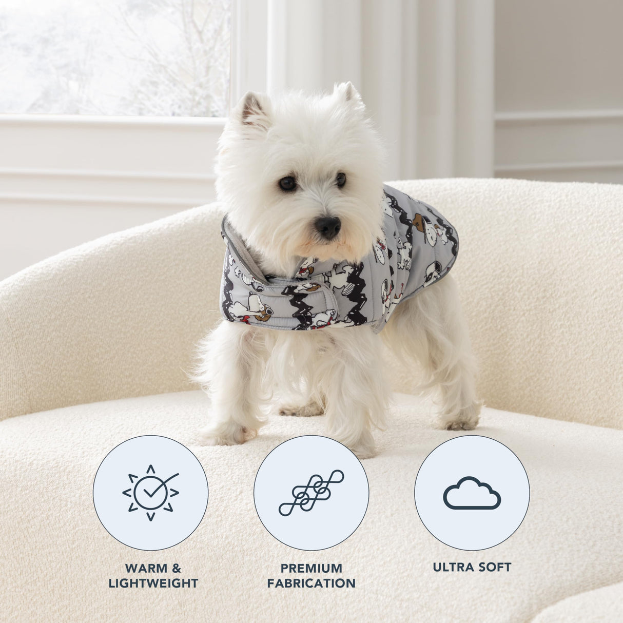 Berkshire Peanuts® Microfleece Dog Coat, Warm Fleece Dog Jacket with Waterproof Shell, Hook & Loop Design for Small, Medium, or Large Dogs (Small, Zigzag Many Faces of Snoopy Small Chateau Grey)
