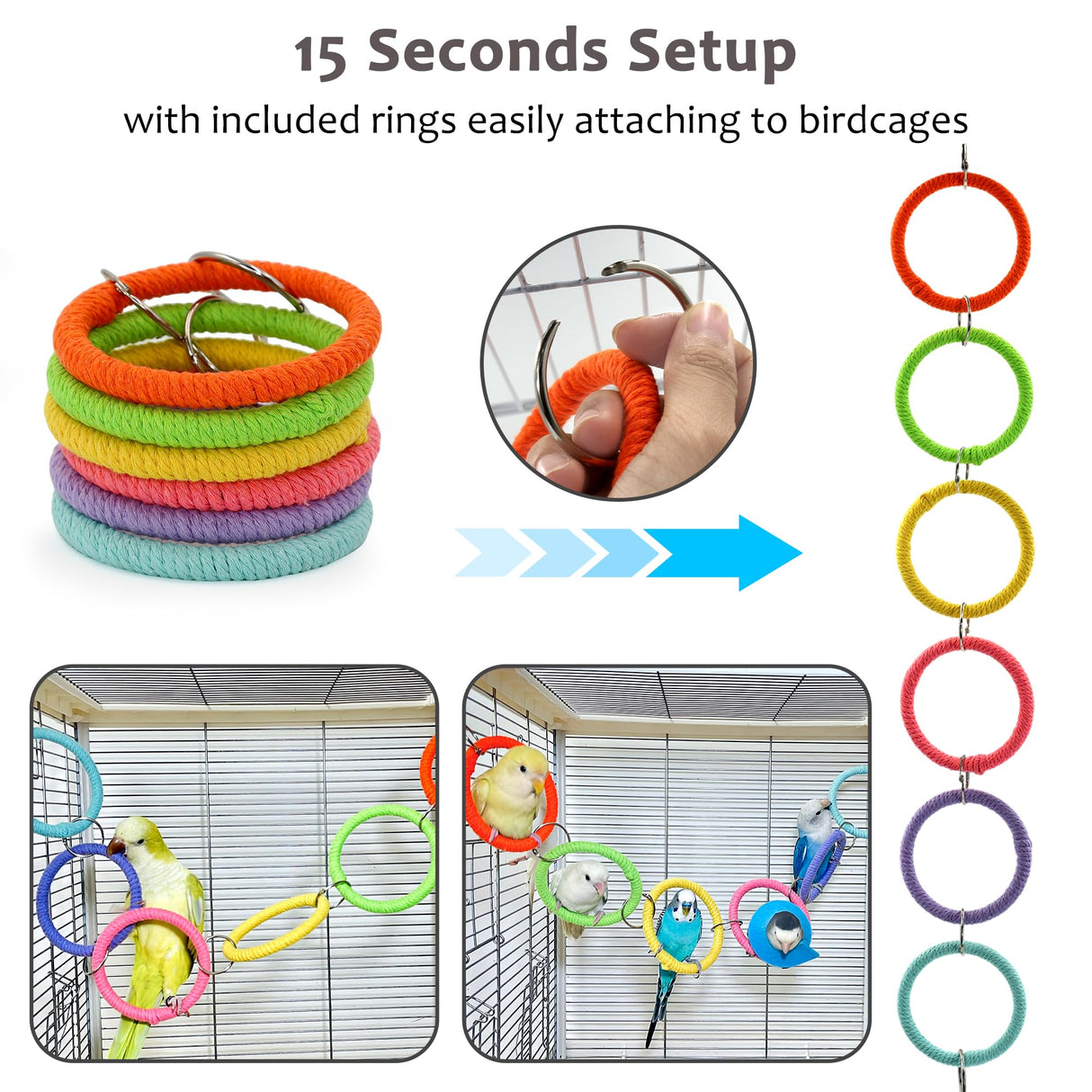 Jevnd 6-Ring Bird Swing Toy for Cage, Colorful Cotton Rope Perch for Parrots Soft Grip, DIY Adjustable Hanging Parakeet Toys, Interactive Multi-Bird Swing and Climb for Budgies, Lovebirds, Cockatiels