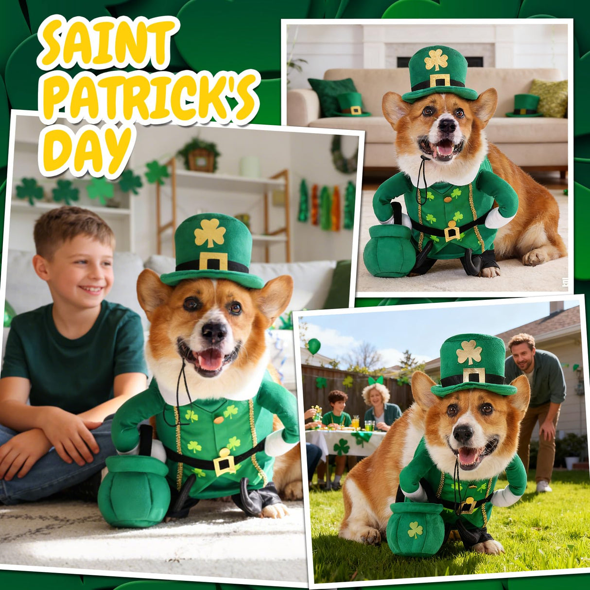 Leprechaun Dog Costume, 3 PCS St Patrick’s Day Puppy Outfit with Hat & Gold Pot, Irish Lucky Theme Celebration Green Holiday Clothes Dress Up for Dogs Cat Pet Small Medium Large