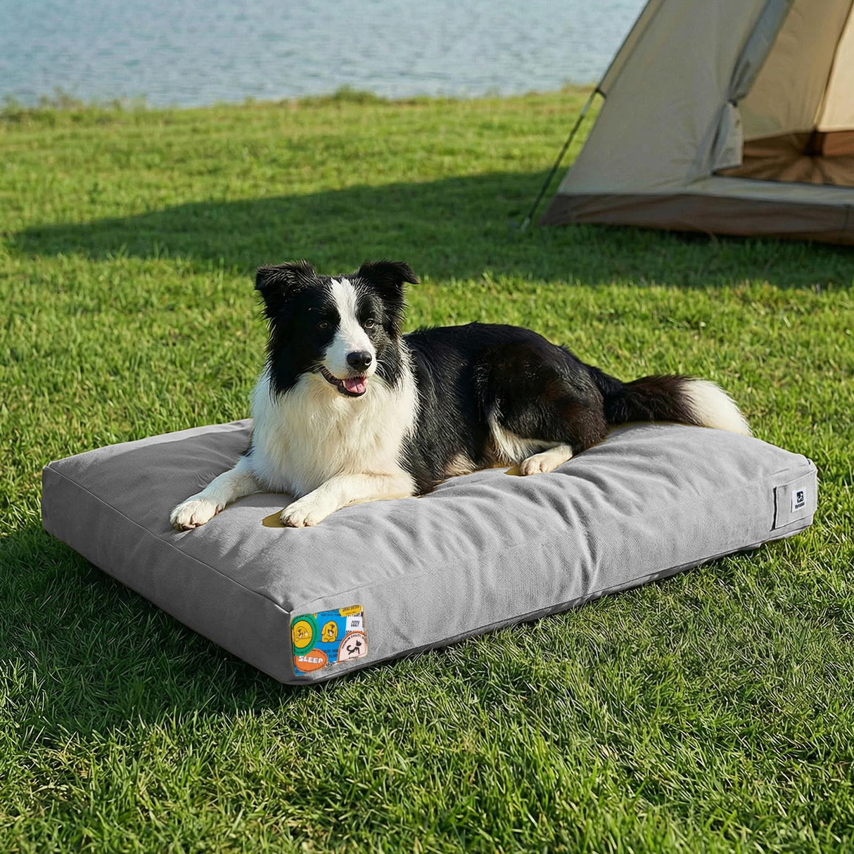 Sytopia 36 Inch Canvas Indestructible Outdoor Dog Bed for Large Dogs, Waterproof Washable Removable Cover, Indoor Patio Pet Pad for Crate, Light Grey