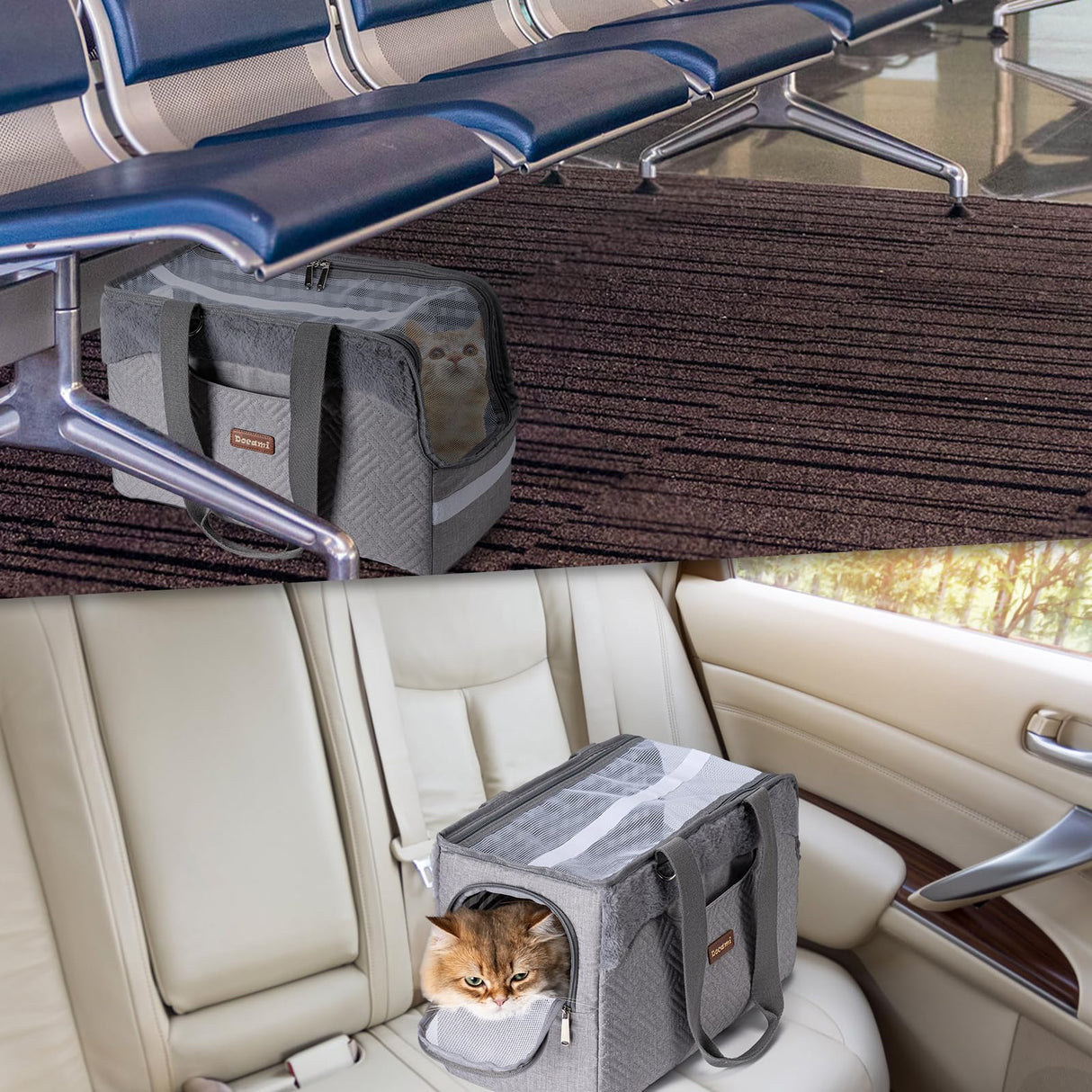 Docami Cat Carrier Bag for Pets Up to 15 Lbs, Fully Open Mesh Roof, Side Vent & 3 Storage Pockets, Cat Dog Crate Travel Bag, Portable & Comfort Soft-Sided Dog Travel Bag, Grey