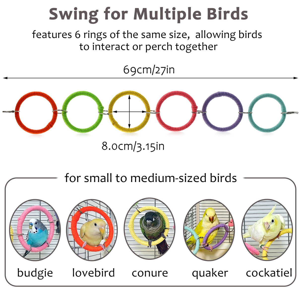 Jevnd 6-Ring Bird Swing Toy for Cage, Colorful Cotton Rope Perch for Parrots Soft Grip, DIY Adjustable Hanging Parakeet Toys, Interactive Multi-Bird Swing and Climb for Budgies, Lovebirds, Cockatiels