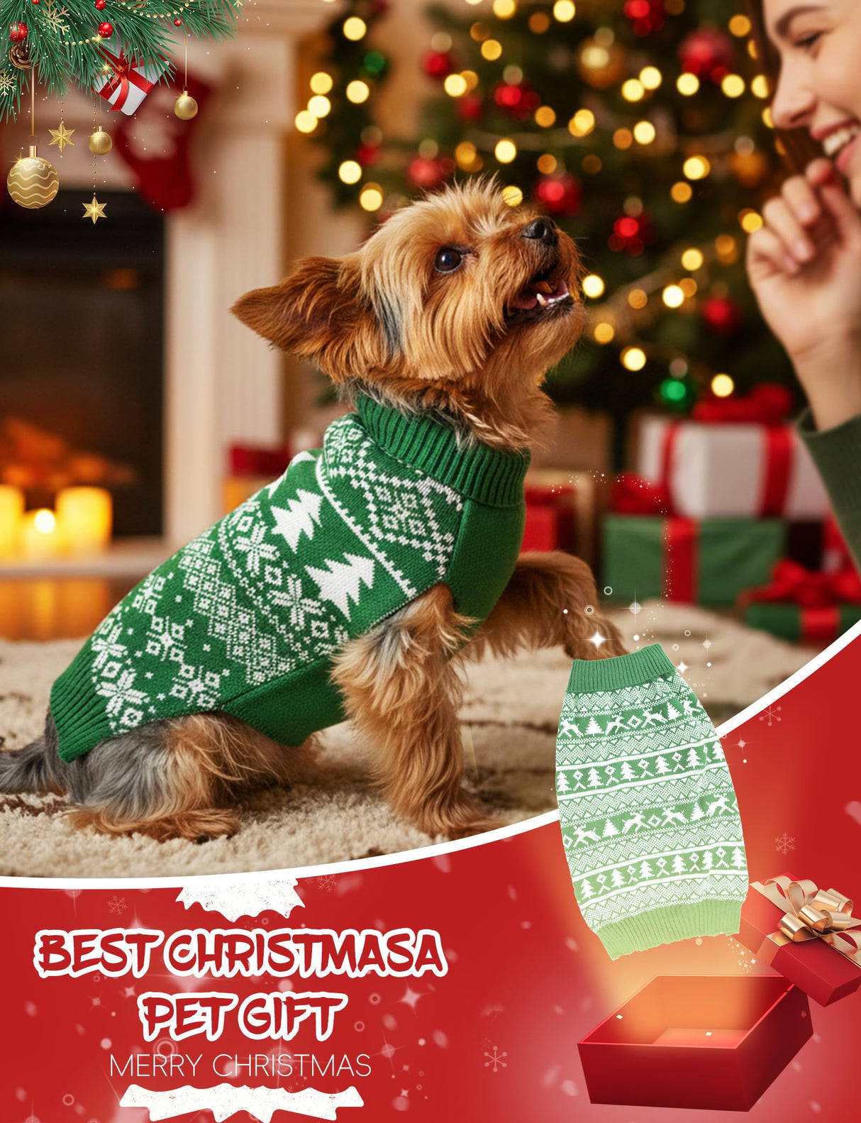 2PCS Dog Christmas Sweater, Soft Warm Pet Clothes Coat for Small Medium Large Dogs and Cats Boy Girl, Fall Cozy Holiday Turtleneck Knitting Collar Pullover Pup Outfit Costume for Thanksgiving New Year