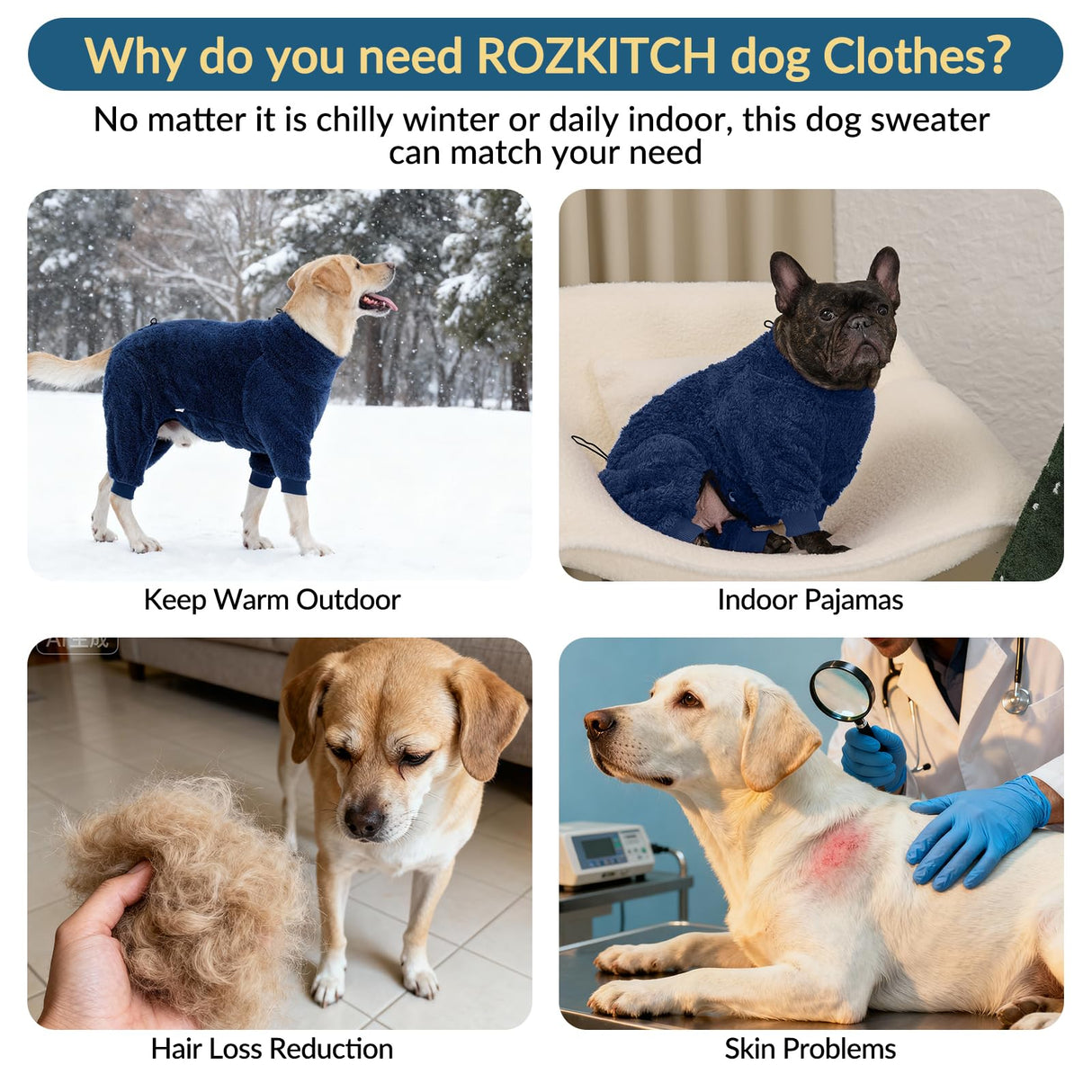 ROZKITCH Warm Dog Pajamas for Large Dogs, Windproof Full Coverage Pet Pjs, Soft Fleece Jacket with Full Coverage, Pullover Winter Coat with Super Warm Jump Suit Blue XXL